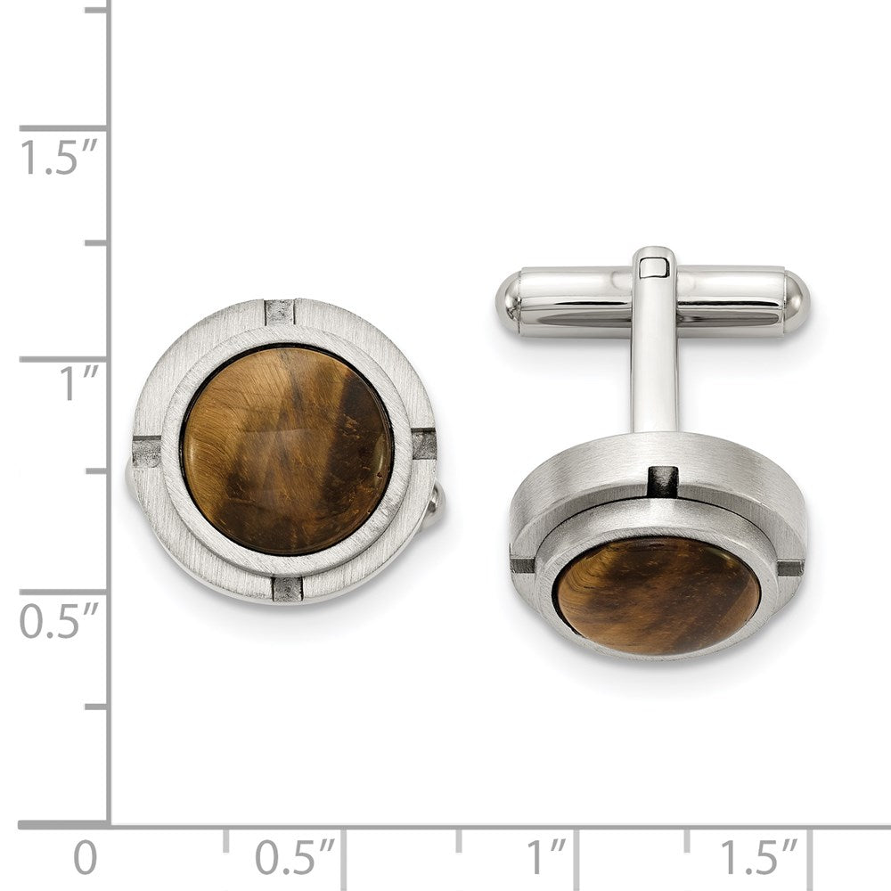 Chisel Stainless Steel Brushed and Polished with Tiger's Eye Circle Cufflinks fine designer jewelry for men and women