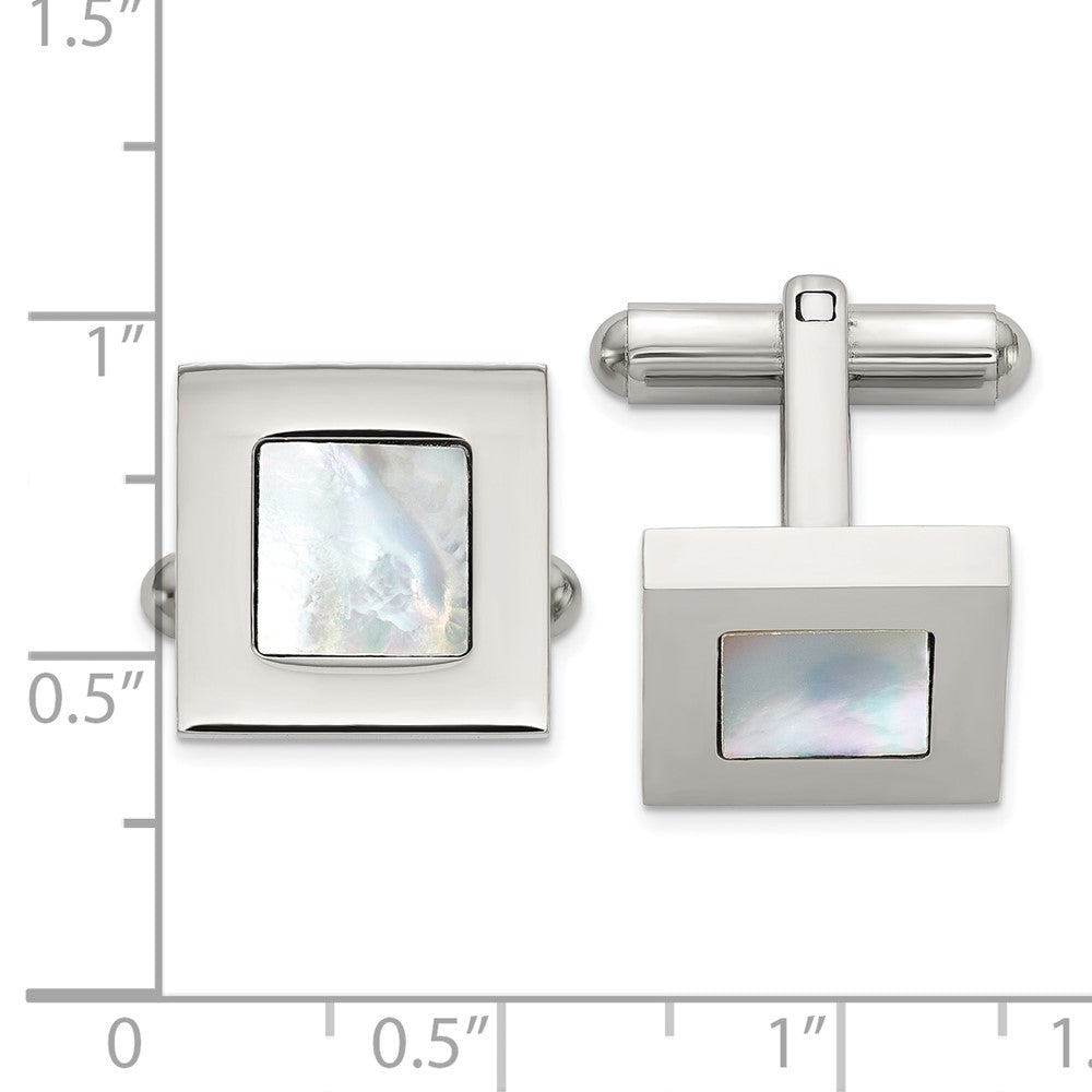 Chisel Stainless Steel Polished with Mother of Pearl Inlay Square Cuff Links fine designer jewelry for men and women