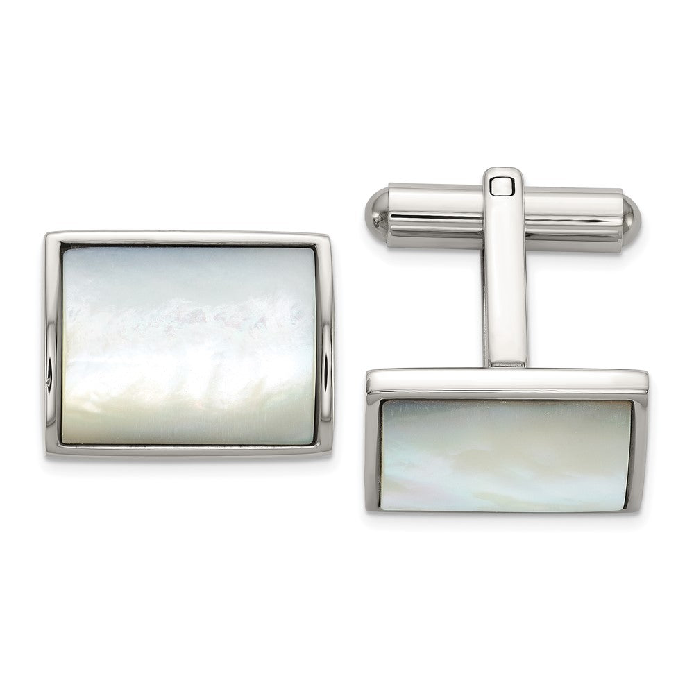 Chisel Stainless Steel Polished with Mother of Pearl Inlay Cuff Links fine designer jewelry for men and women