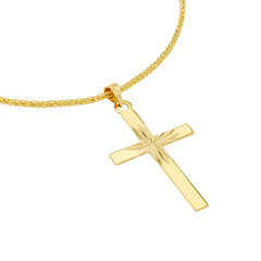 14K Yellow Gold Cross Pendant with Diamond-Cut Center Design, 35x15mm