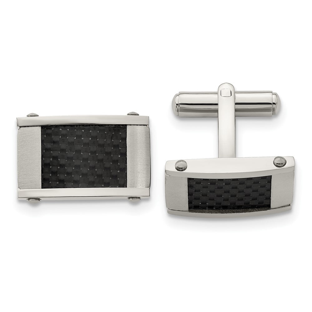 Chisel Stainless Steel Brushed and Polished Black Carbon Fiber Inlay Cufflinks - JewelryAffairs