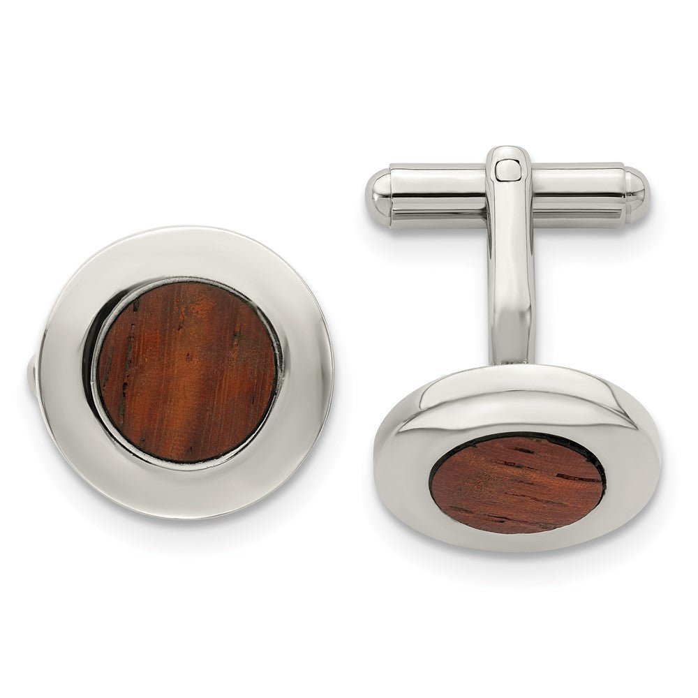 Chisel Stainless Steel Polished Koa Wood Inlay Circle Cufflinks - JewelryAffairs