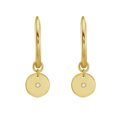 14k Yellow Gold Hoop Earrings with Round Diamond Disc Charm, Classic Style