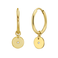14k Yellow Gold Hoop Earrings with Round Diamond Disc Charm, Classic Style