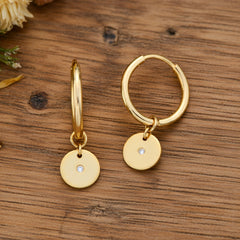 14k Yellow Gold Hoop Earrings with Round Diamond Disc Charm, Classic Style