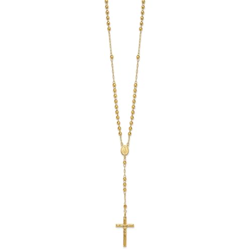 14K Yellow Gold Rosary Necklace, 4mm Beaded Chain, 24 inch Length, Cross Pendant