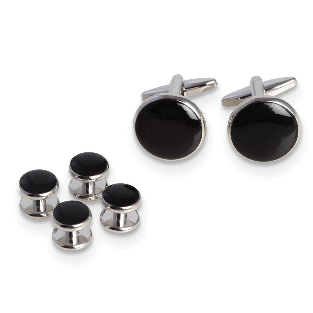 Rhodium - plated Black Enameled Cuff Link and Tuxedo Studs Set - JewelryAffairs