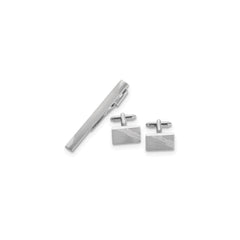 Rhodium - plated Satin Finish Striped Design Cuff Link and Tie Bar Set - JewelryAffairs
