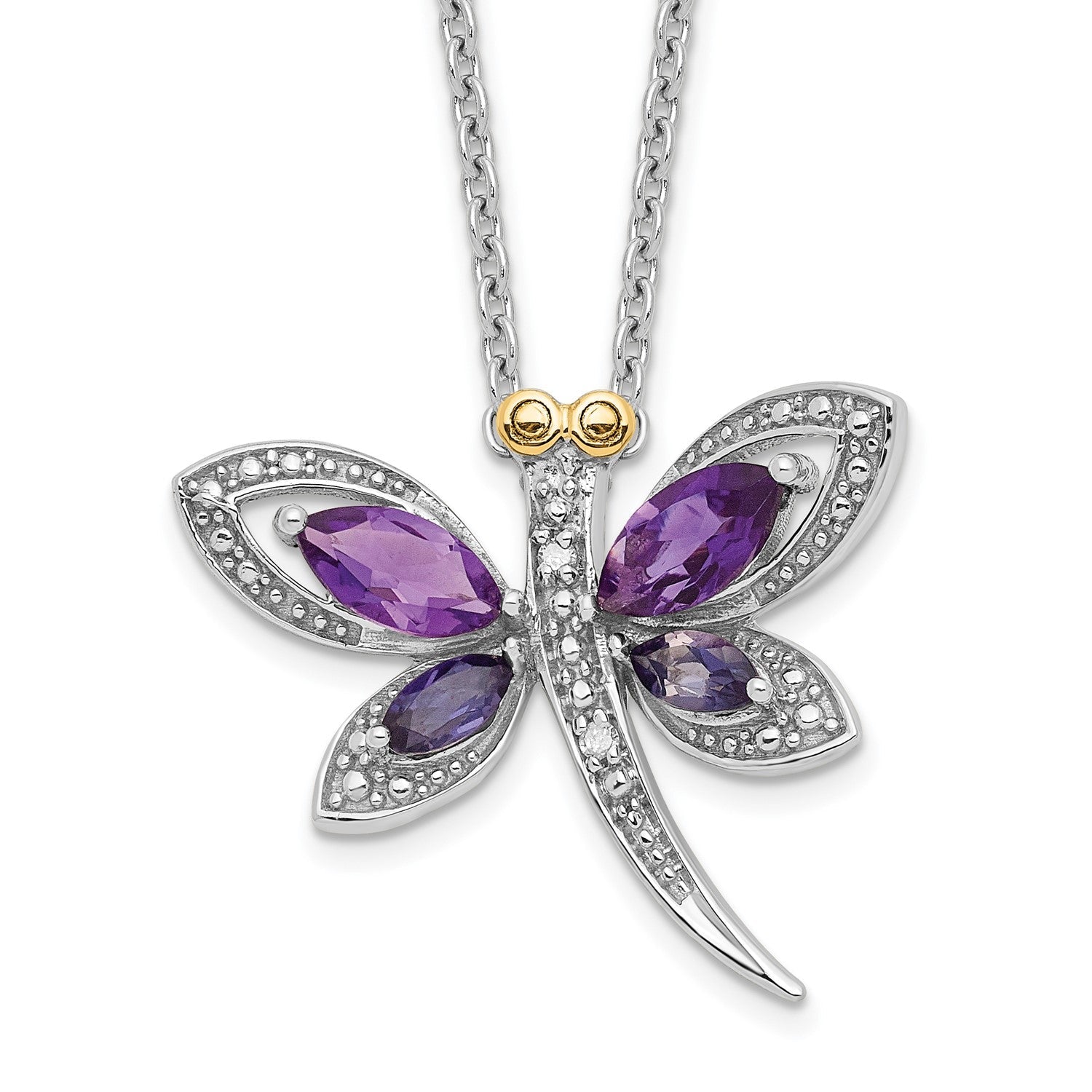 Sterling Silver and 14K Yellow Gold Amethyst and Diamond Dragonfly Necklace, 18 to 20 Adjustable - JewelryAffairs