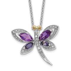 Sterling Silver and 14K Yellow Gold Amethyst and Diamond Dragonfly Necklace, 18 to 20 Adjustable - JewelryAffairs