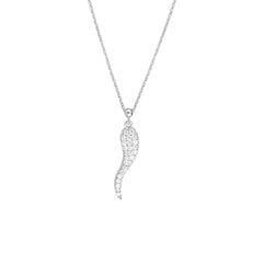 Sterling Silver Italian Horn Pendant Necklace with CZ Stones, 18 Inches, Adjustable - JewelryAffairs