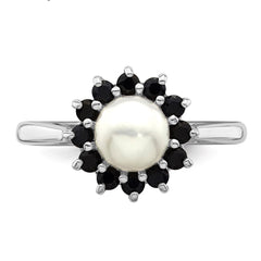Sterling Silver Rhodium Plated 6mm Pearl and Sapphire Ring - JewelryAffairs