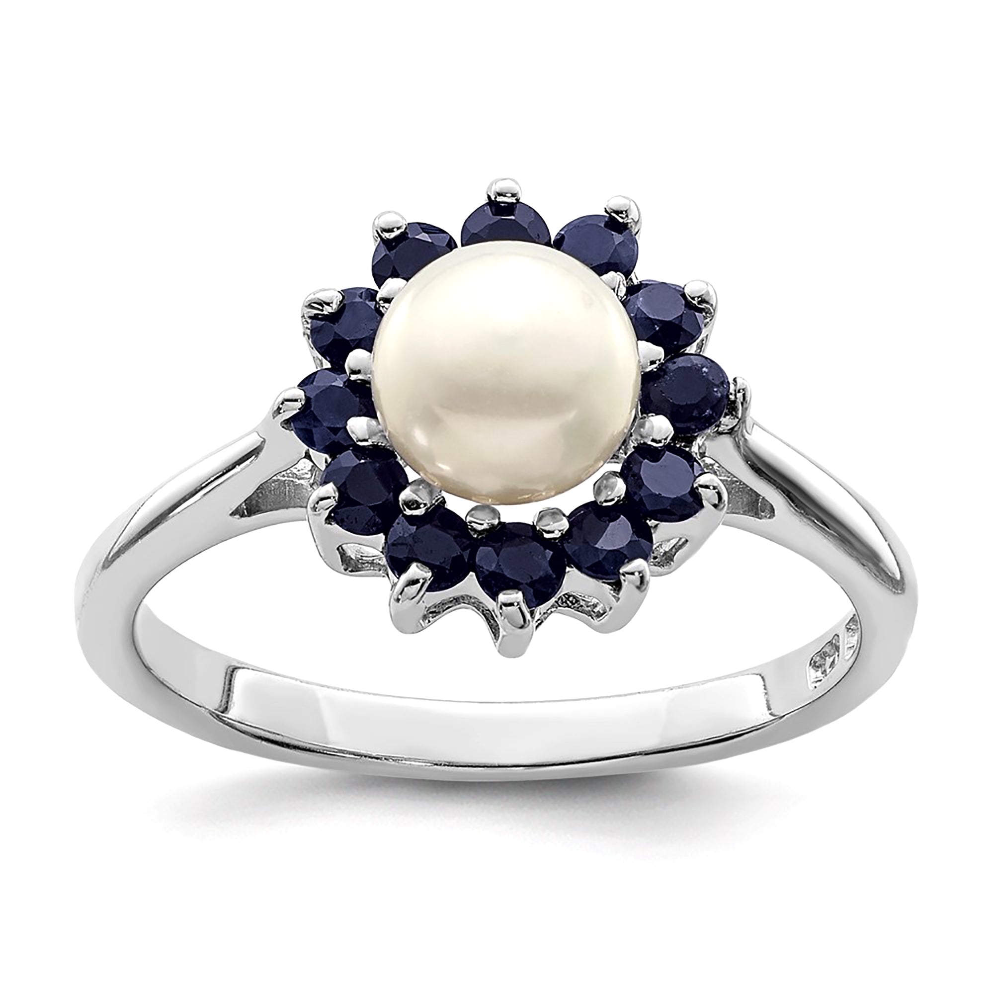 Sterling Silver Rhodium Plated 6mm Pearl and Sapphire Ring - JewelryAffairs