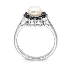Sterling Silver Rhodium Plated 6mm Pearl and Sapphire Ring - JewelryAffairs
