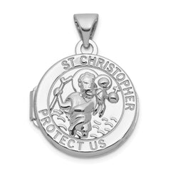 Sterling Silver Rhodium - plated Saint Christopher Protect Us 16mm Round Locket - JewelryAffairs