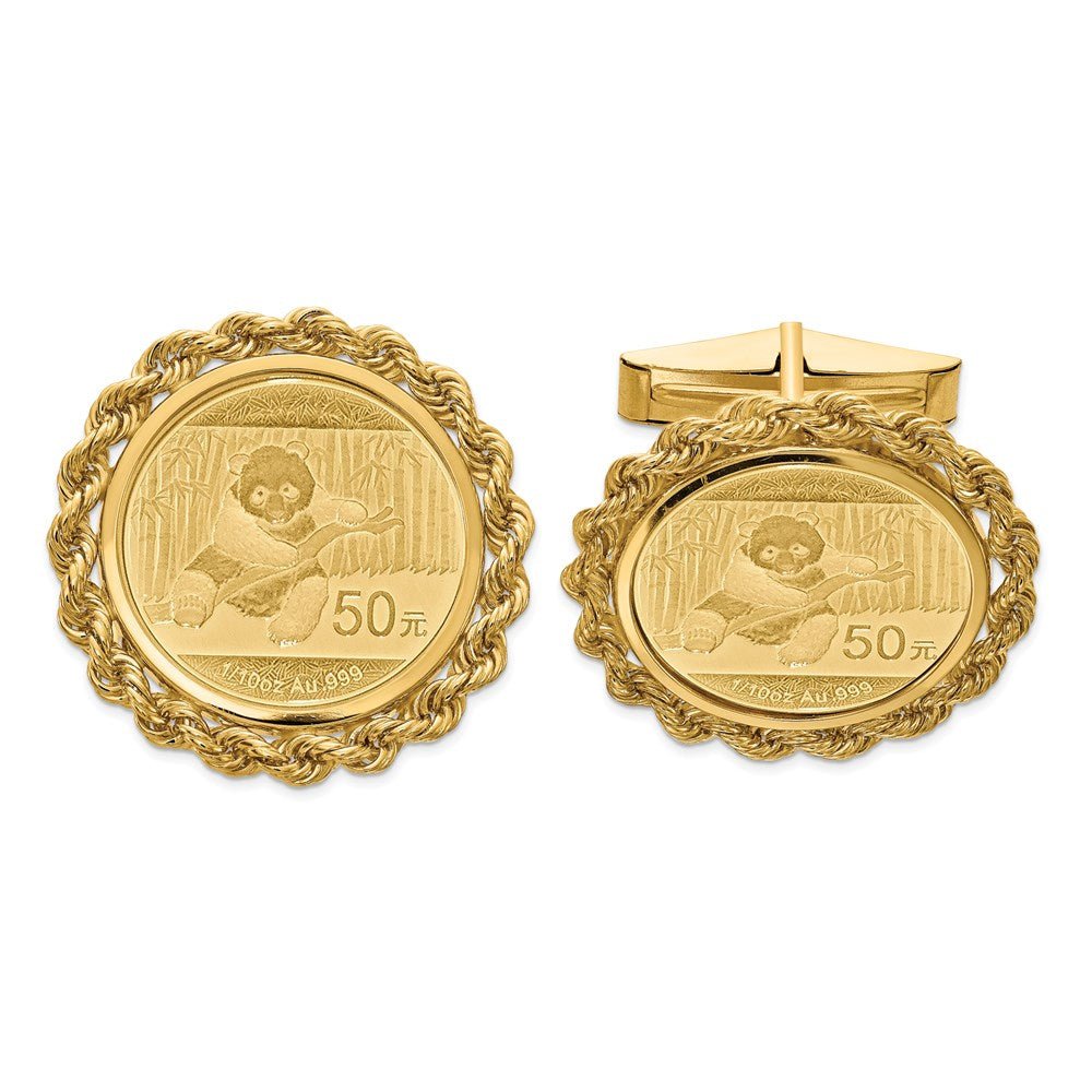 Wideband Distinguished Coin Jewelry 14k Real Gold Men's Polished Rope Mounted 1/10oz Panda Coin Bezel Cuff Links - JewelryAffairs