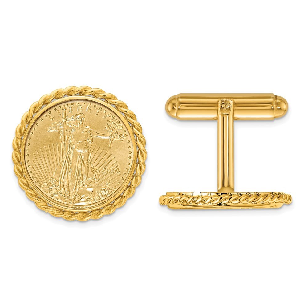 Wideband Distinguished Coin Jewelry 14k Real Gold Men's Polished Twisted Wire Mounted 1/10oz American Eagle Coin Bezel Cuff Links - JewelryAffairs