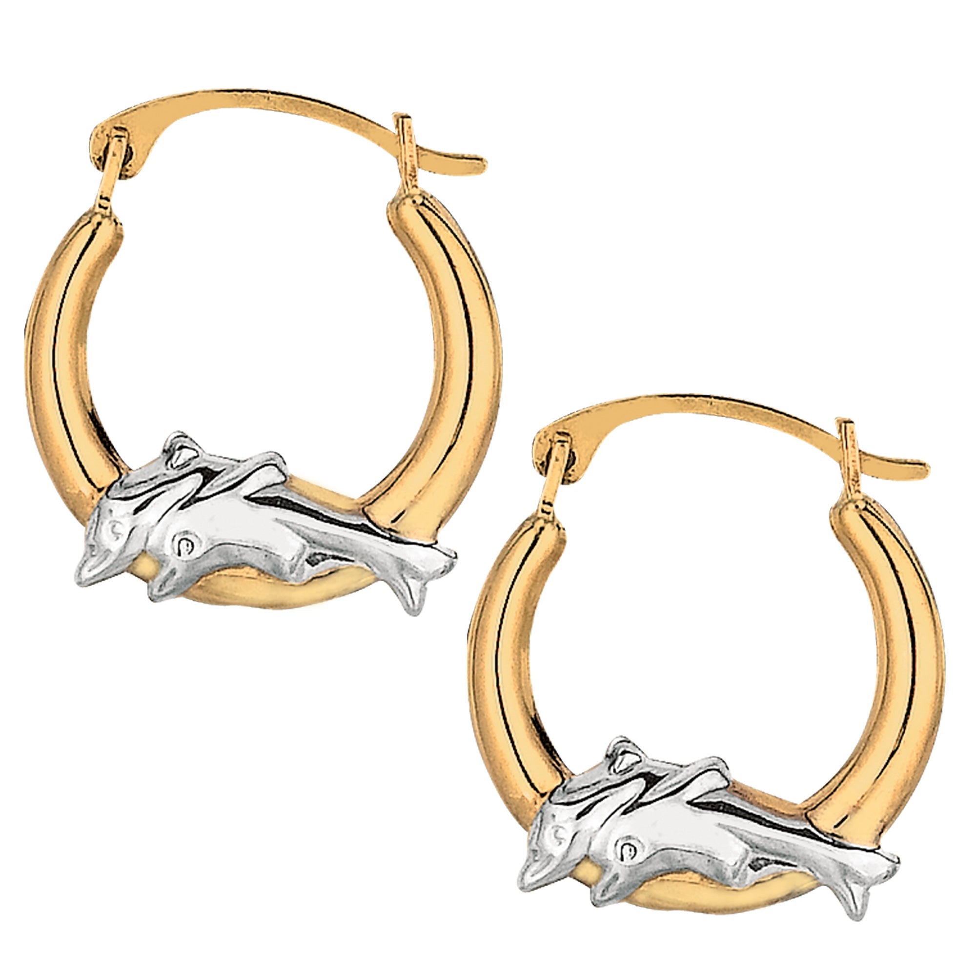 10k 2 Tone White And Yellow Gold Round Shape Hoop Earrings With Dolphins, Diameter 15mm - JewelryAffairs