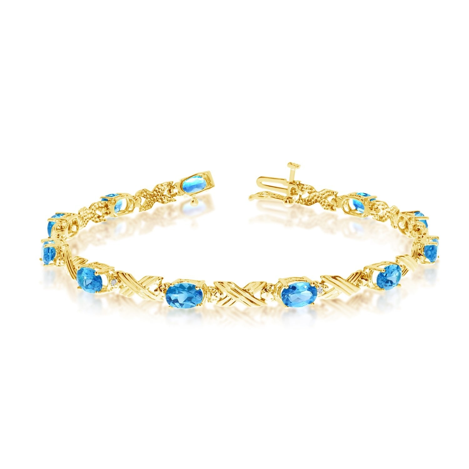 10K Yellow Gold Oval Blue Topaz Stones And Diamonds Tennis Bracelet, 7" - JewelryAffairs