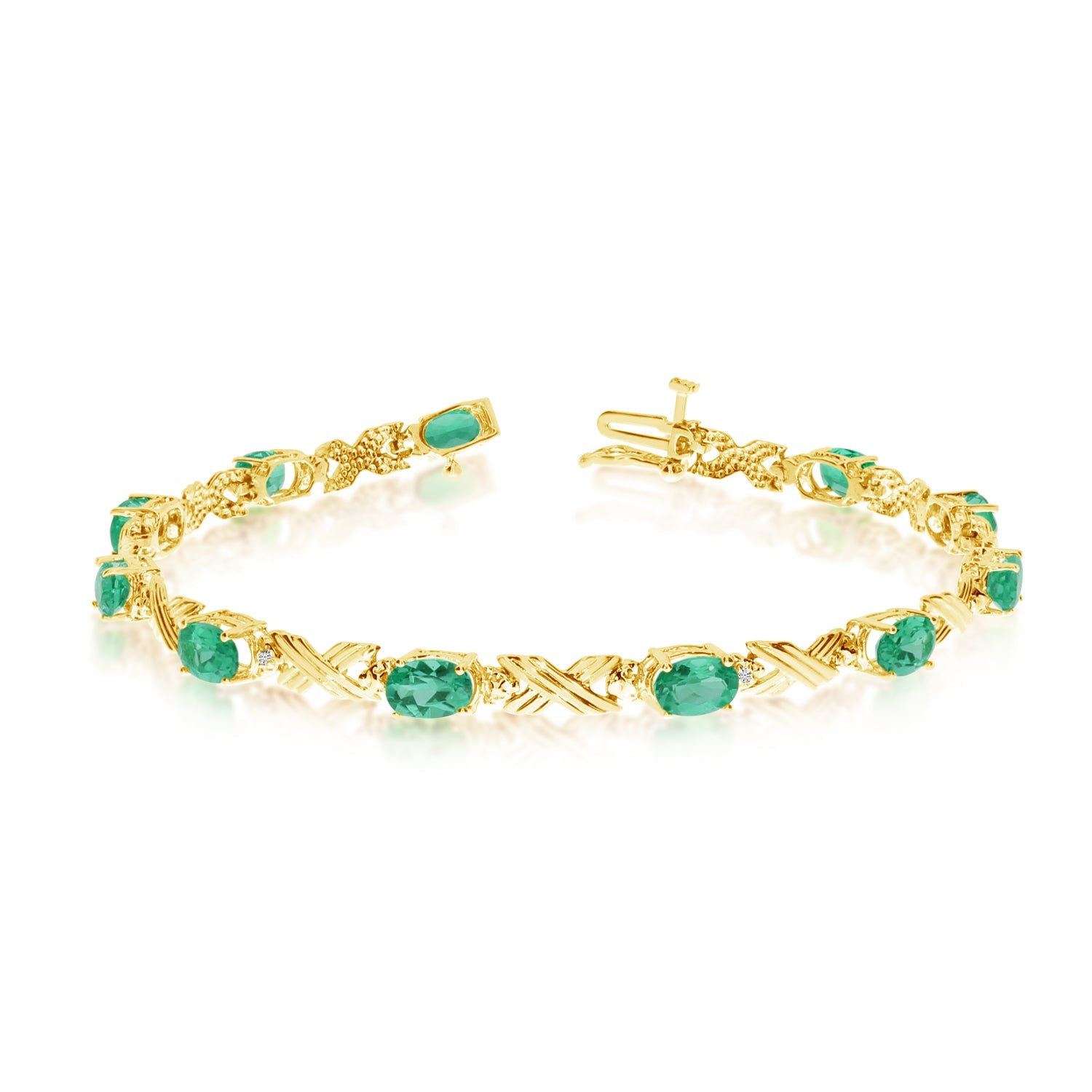10K Yellow Gold Oval Emerald Stones And Diamonds Tennis Bracelet, 7" - JewelryAffairs