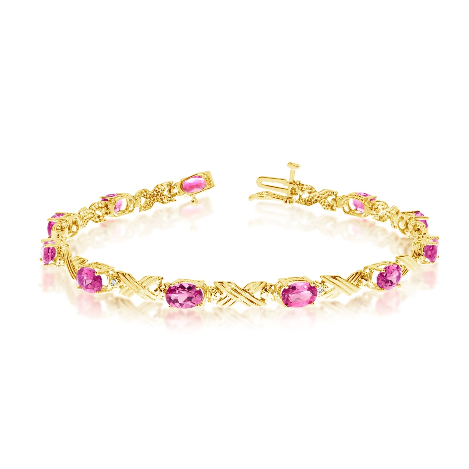 10K Yellow Gold Oval Pink Topaz Stones And Diamonds Tennis Bracelet, 7" - JewelryAffairs