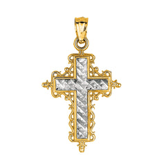 14k 2 Tone Gold Diamond Cut Round Filigree Design Cross Pendant - JewelryAffairs