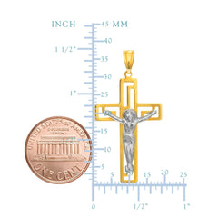 14k 2 Tone Gold Greek Key Style Crucifix Pendant - JewelryAffairs