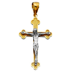 14k 2 Tone Gold Textured Finish Clover Tips Crucifix Pendant - JewelryAffairs