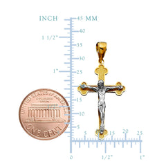 14k 2 Tone Gold Textured Finish Clover Tips Crucifix Pendant - JewelryAffairs