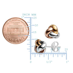 14k Tricolor Yellow White And Rose Gold Shiny Love Knot Stud Earrings, 9mm - JewelryAffairs
