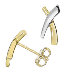 14k Two Tone Gold Shiny X Style Stud Earrings, 12 X 6mm - JewelryAffairs