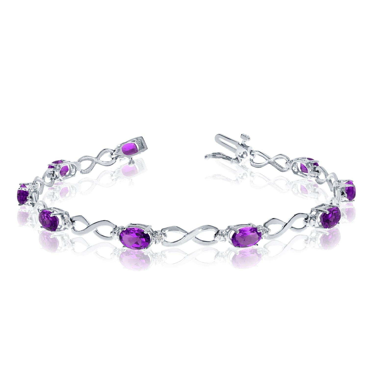 14K White Gold Oval Amethyst Stones And Diamonds Infinity Tennis Bracelet, 7" - JewelryAffairs