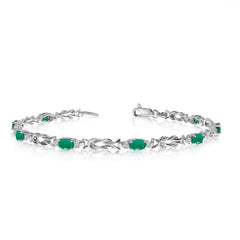 14K White Gold Oval Emerald Stones And Diamonds Tennis Bracelet, 7" - JewelryAffairs