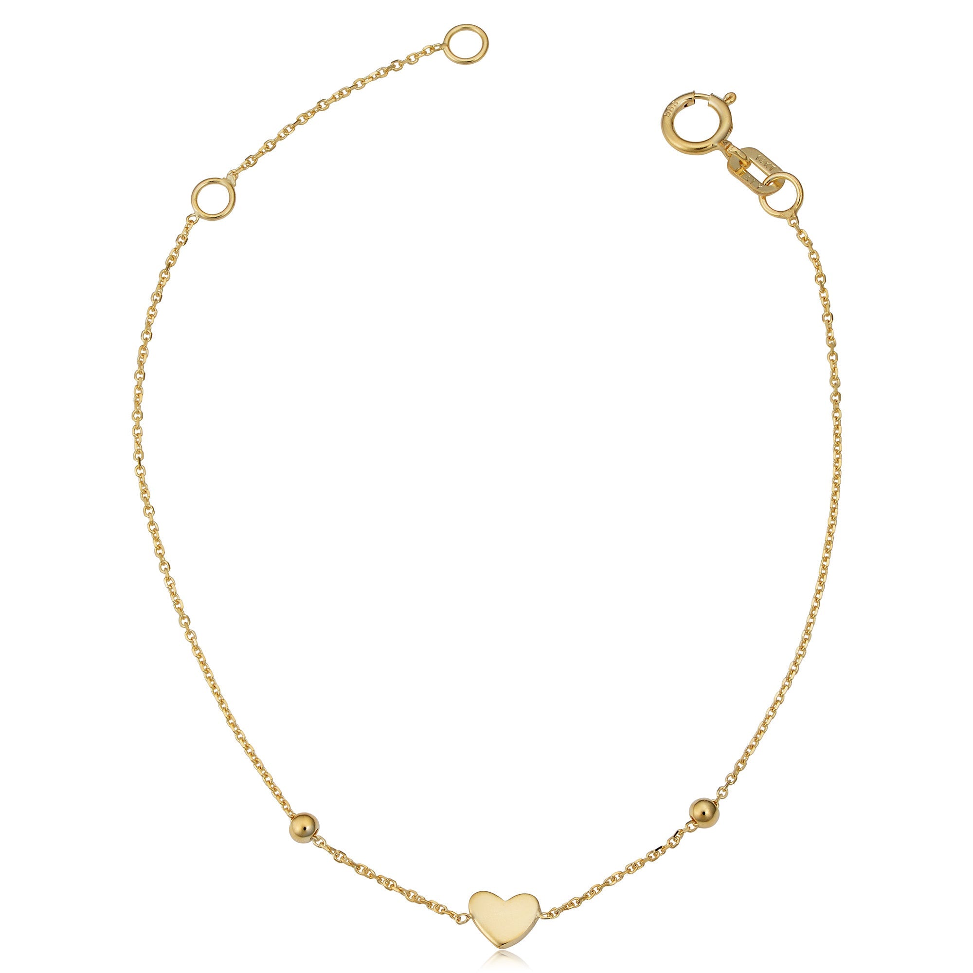 14k Yellow Gold Heart And Bead Adjustable Baby Bracelet, 6.5" - JewelryAffairs
