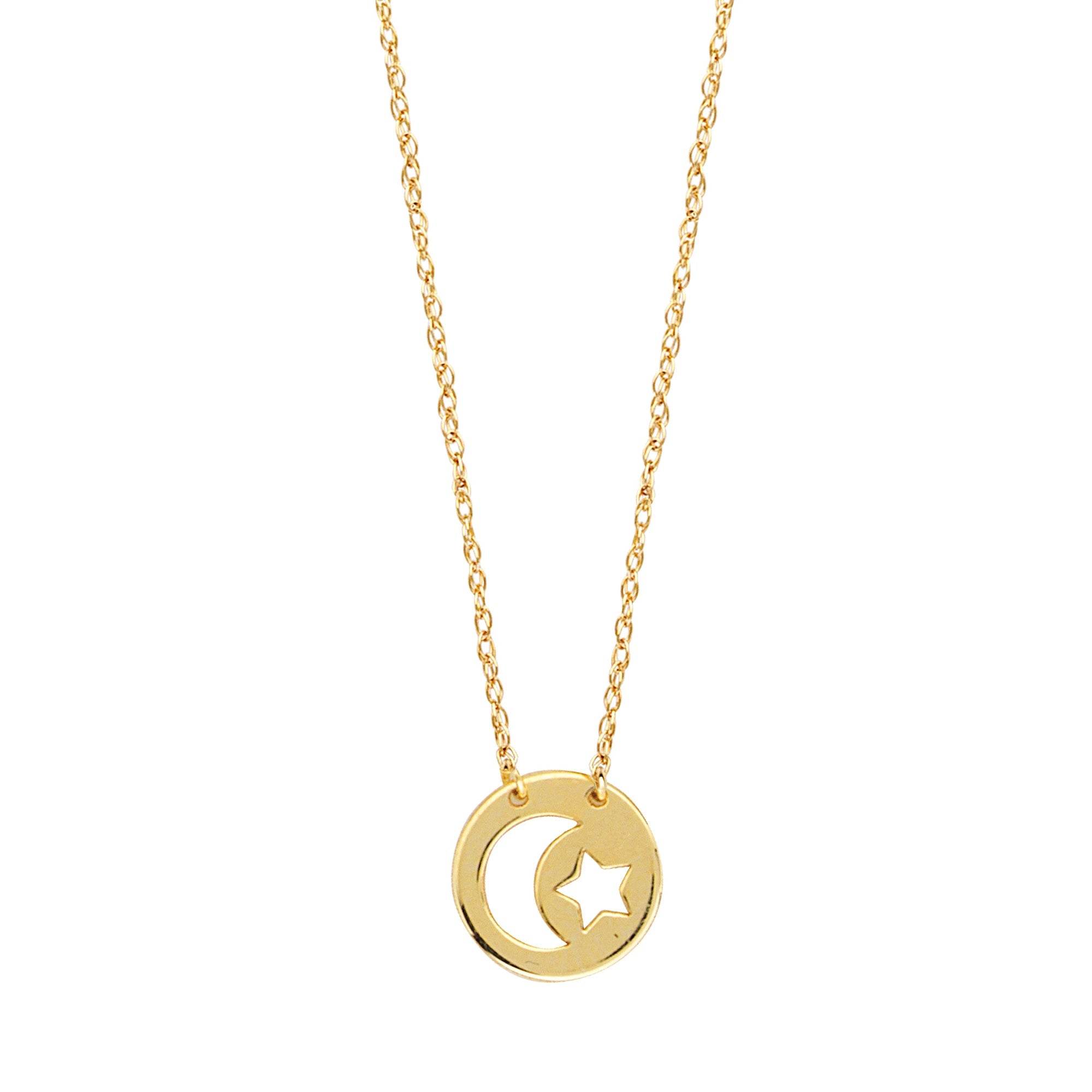 14K Yellow Gold Mini Moon And Star Pendant Necklace, 16 To 18 Inches Adjustable - JewelryAffairs