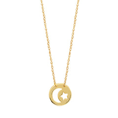 14K Yellow Gold Mini Moon And Star Pendant Necklace, 16 To 18 Inches Adjustable - JewelryAffairs