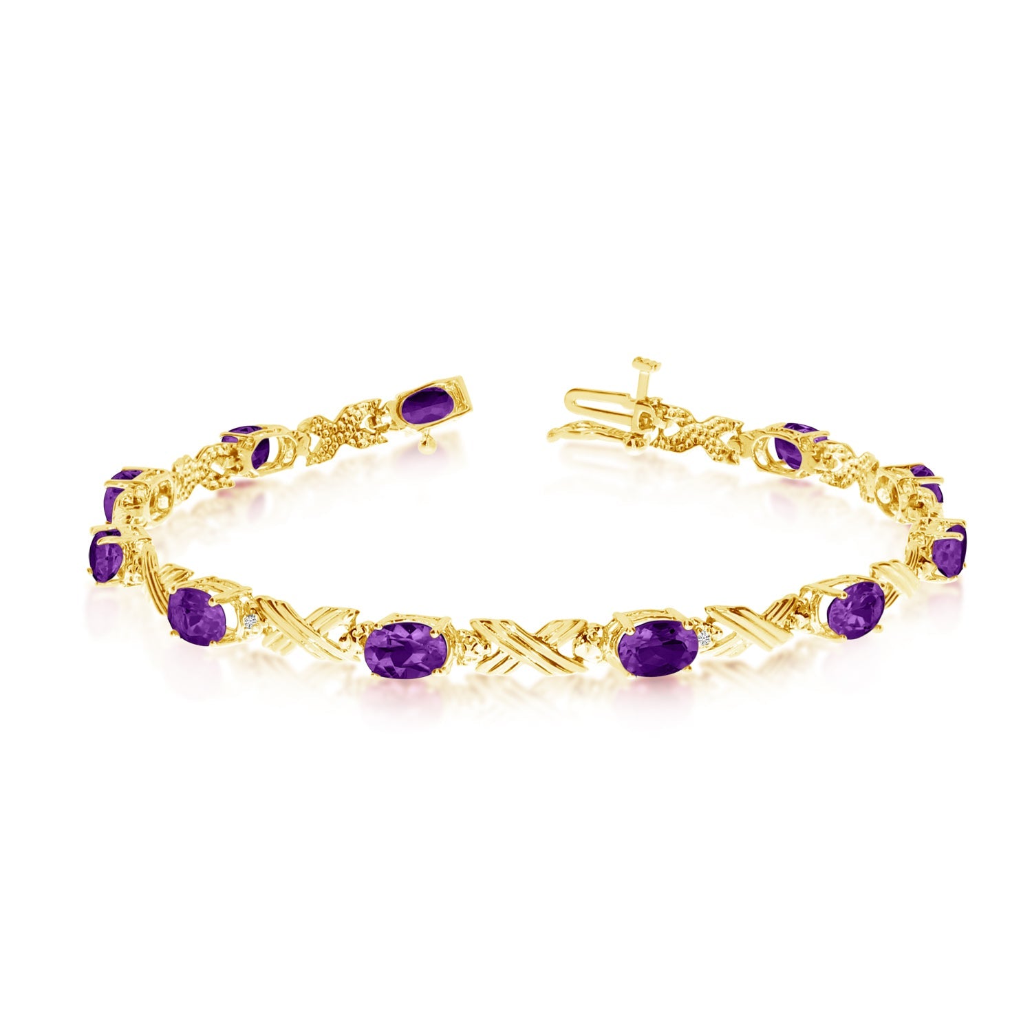 14K Yellow Gold Oval Amethyst Stones And Diamonds Tennis Bracelet, 7" - JewelryAffairs