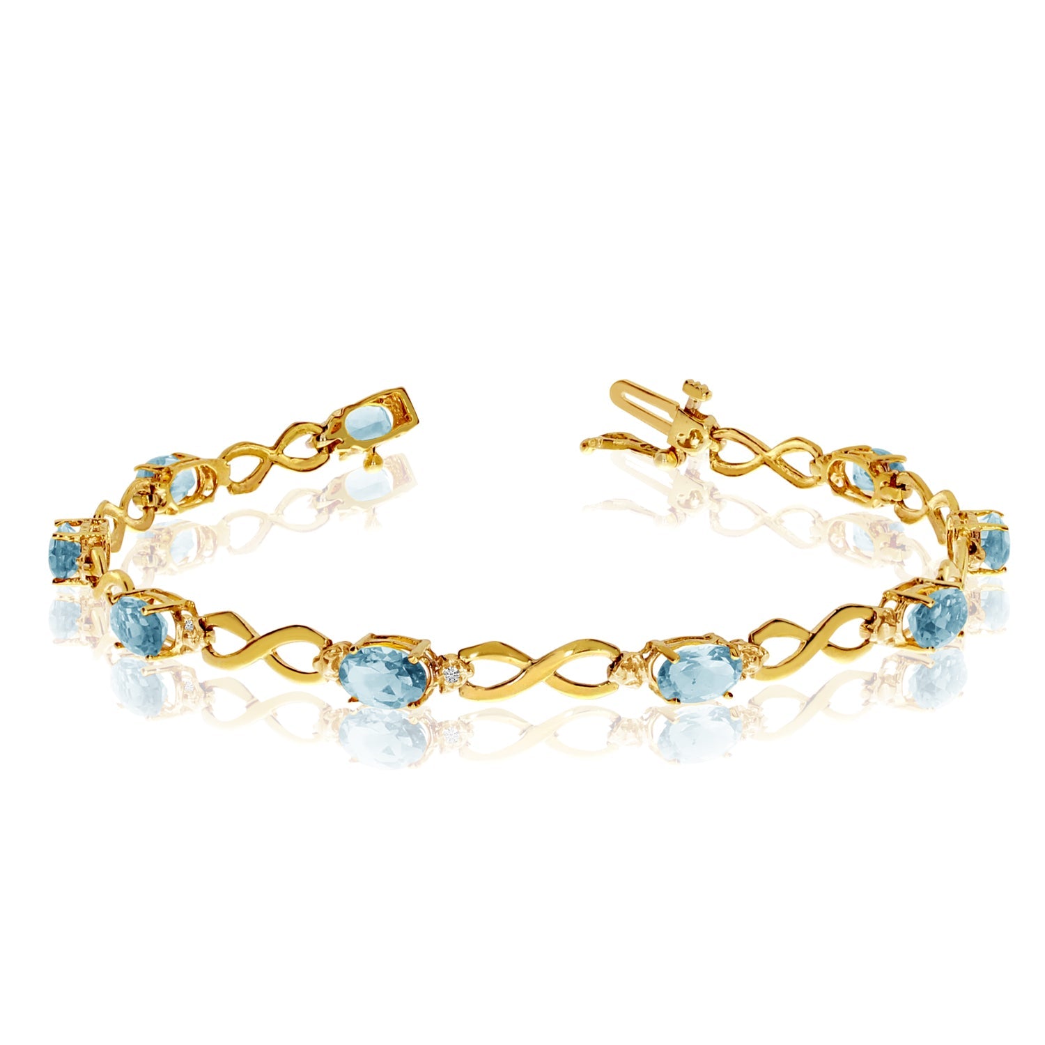 14K Yellow Gold Oval Aquamarine Stones And Diamonds Infinity Tennis Bracelet, 7" - JewelryAffairs