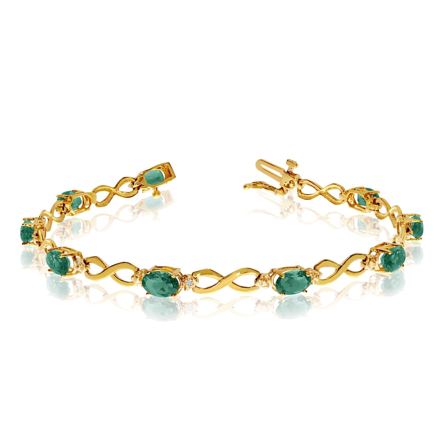 14K Yellow Gold Oval Emerald Stones And Diamonds Infinity Tennis Bracelet, 7" - JewelryAffairs