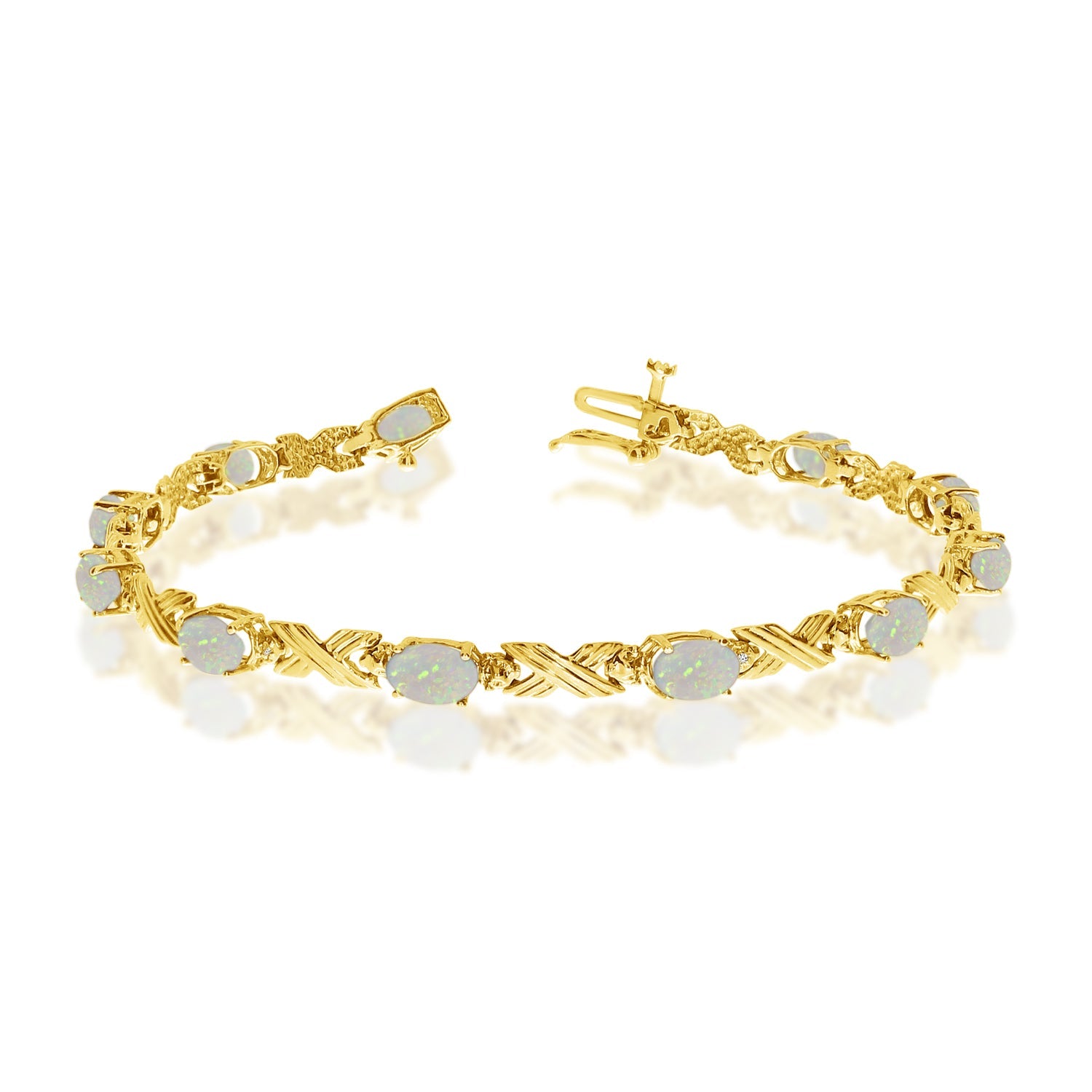 14K Yellow Gold Oval Opal Stones And Diamonds Tennis Bracelet, 7" - JewelryAffairs