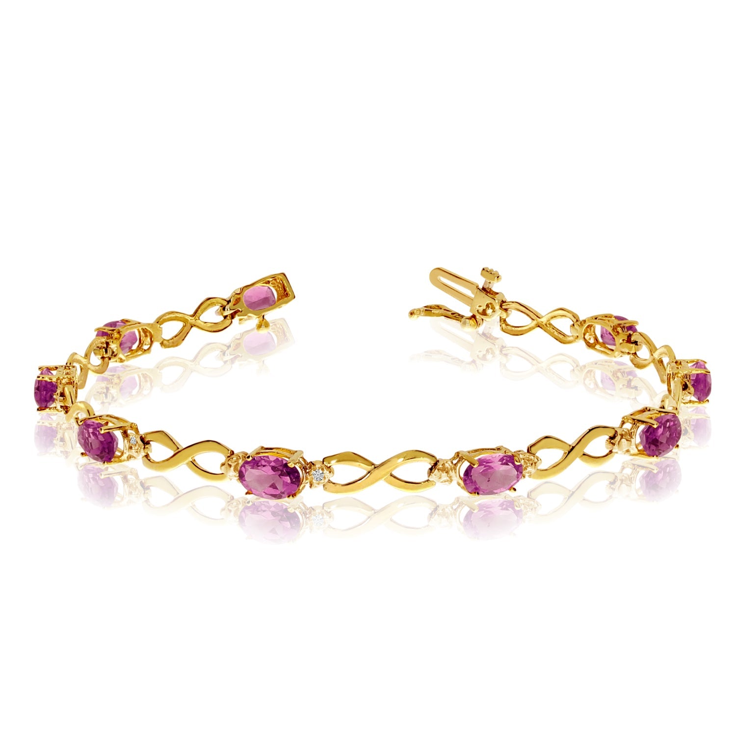 14K Yellow Gold Oval Pink Topaz Stones And Diamonds Infinity Tennis Bracelet, 7" - JewelryAffairs