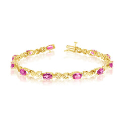 14K Yellow Gold Oval Pink Topaz Stones And Diamonds Tennis Bracelet, 7" - JewelryAffairs
