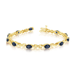 14K Yellow Gold Oval Sapphire Stones And Diamonds Tennis Bracelet, 7" - JewelryAffairs