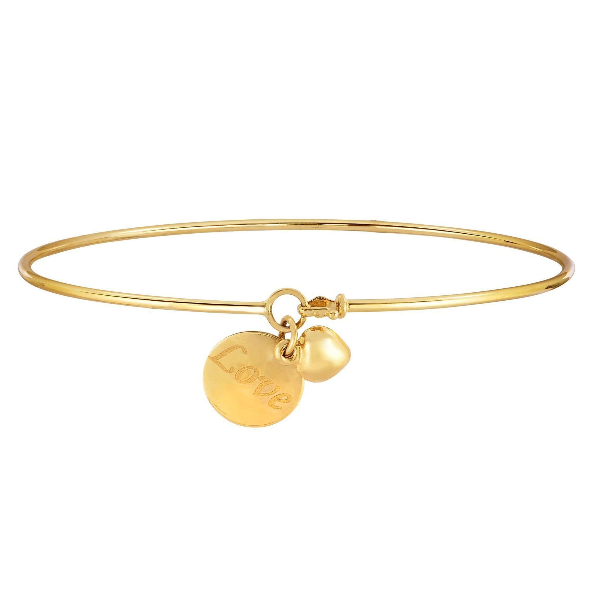 14k Yellow Gold Shiny Thin Bangle with Puff Heart And Love Engraved Plate Charm, 7.25" - JewelryAffairs