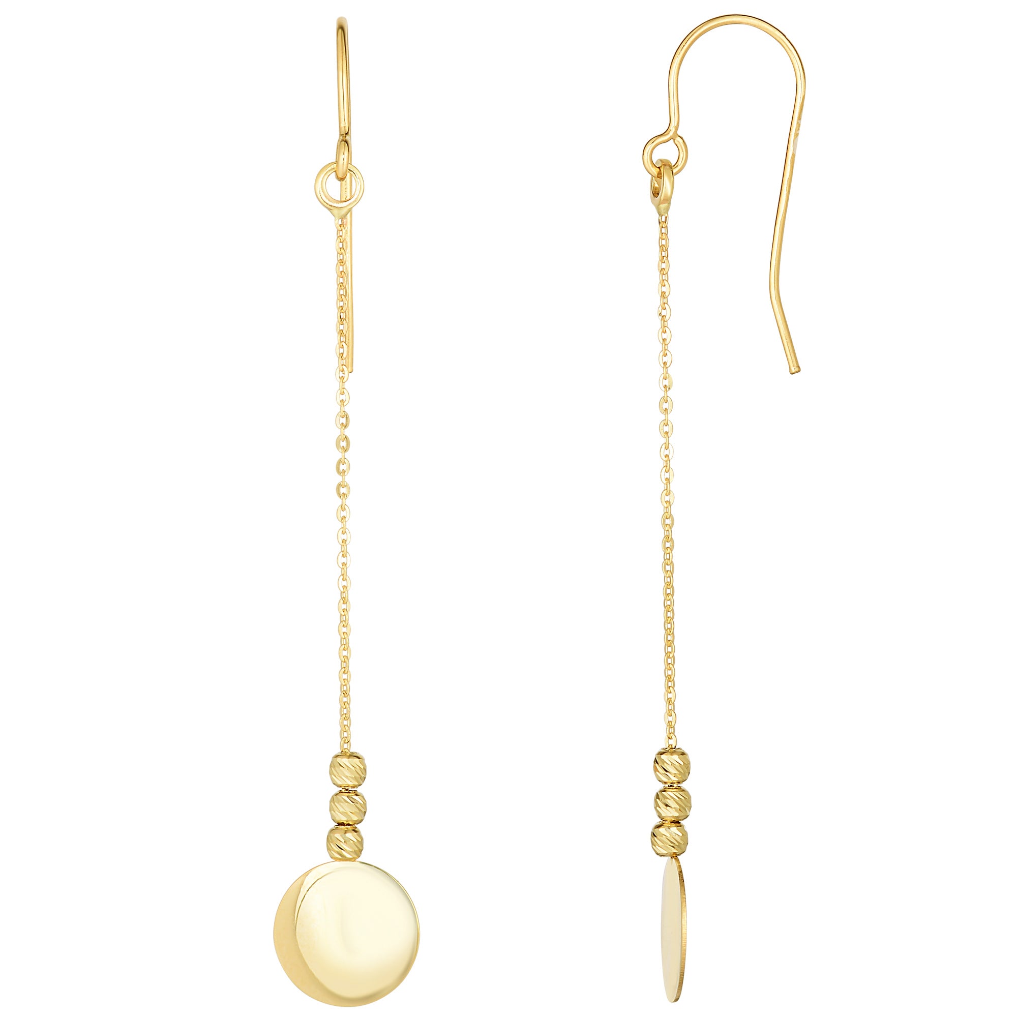 10K Yellow Gold Diamond Cut Bead With Flat Shiny Disc Drop Earrings fine designer jewelry for men and women