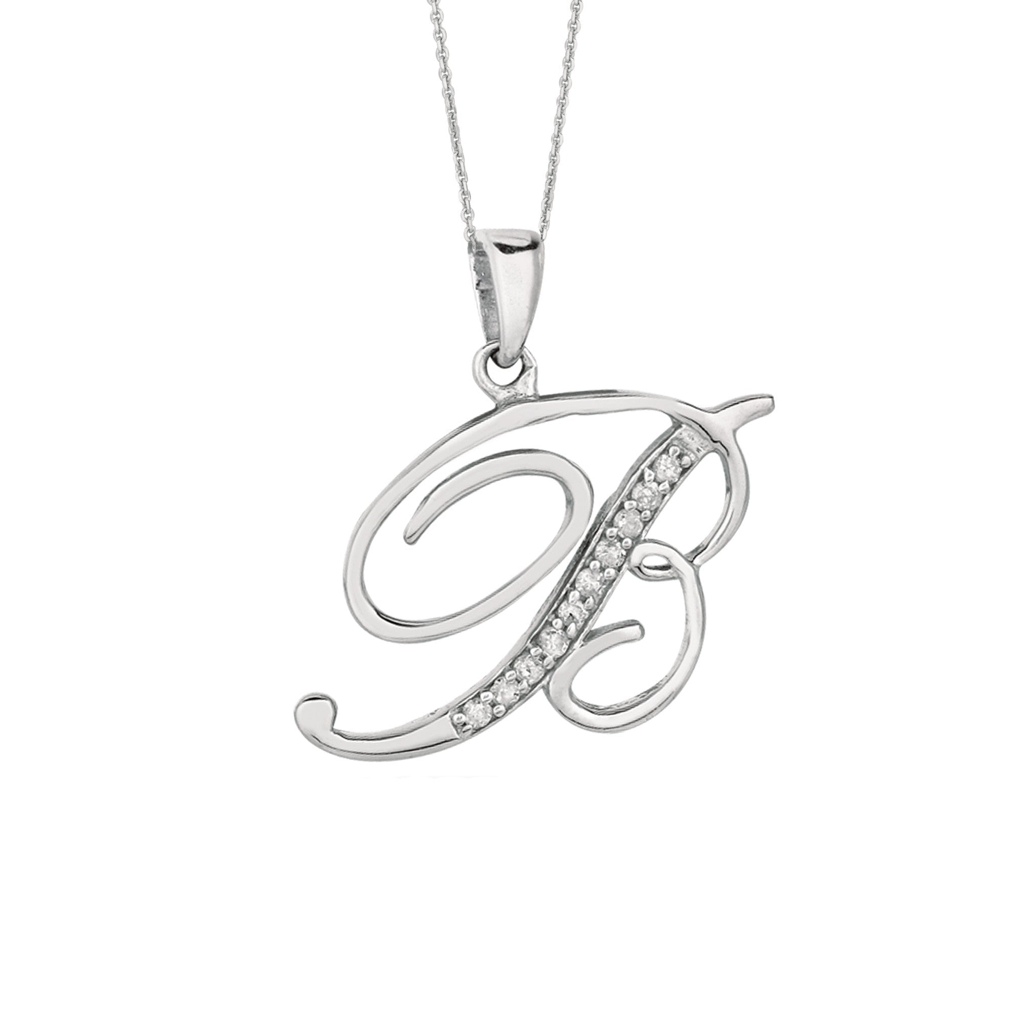 "B" Sterling Silver Rhodium Plated Script Initial Letter With Diamonds On 18 Inch Chain ( 0.05 Tcw) - JewelryAffairs