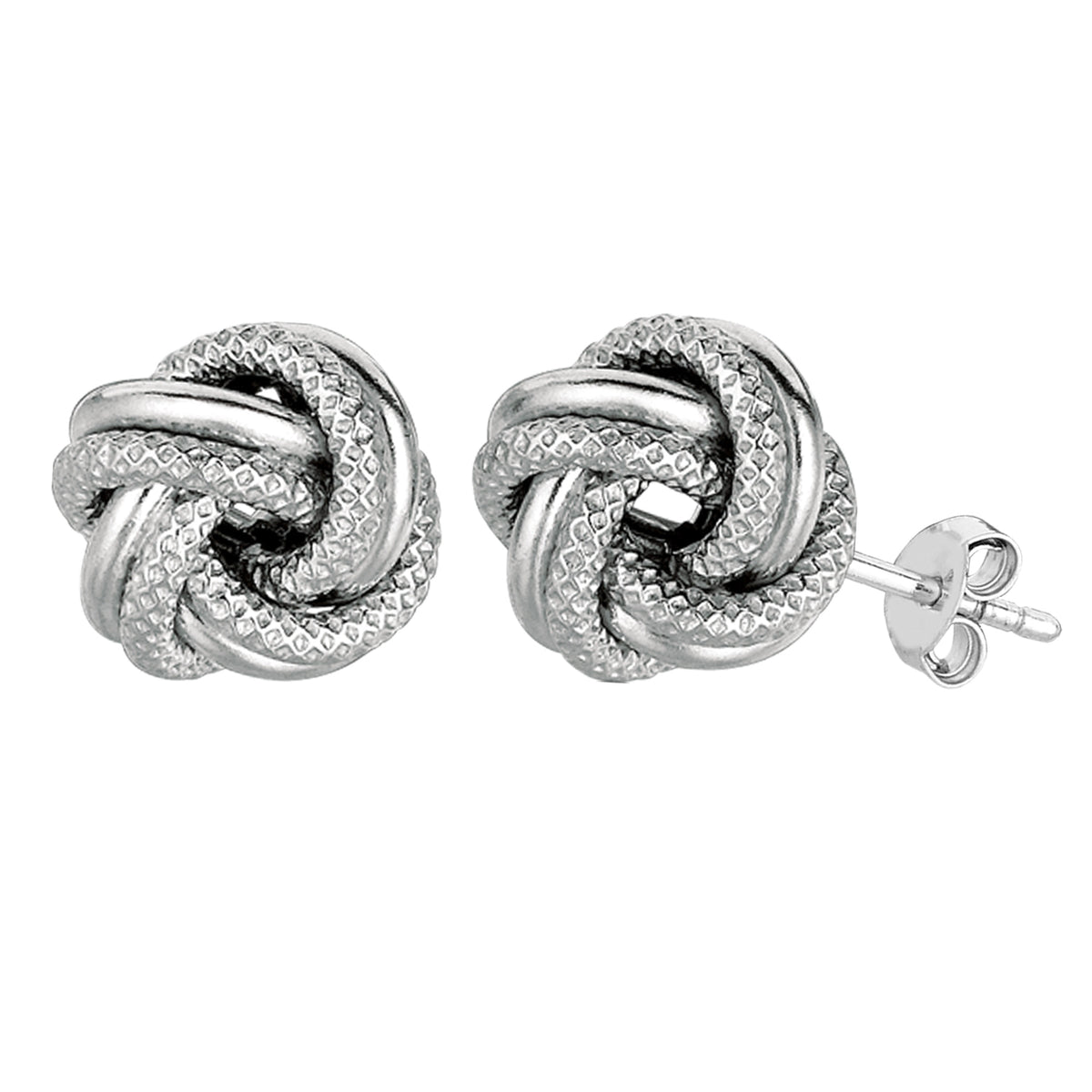 Sterling Silver Rhodium Finish 7mm Shiny And Textured Love Knot Stud Earrings fine designer jewelry for men and women