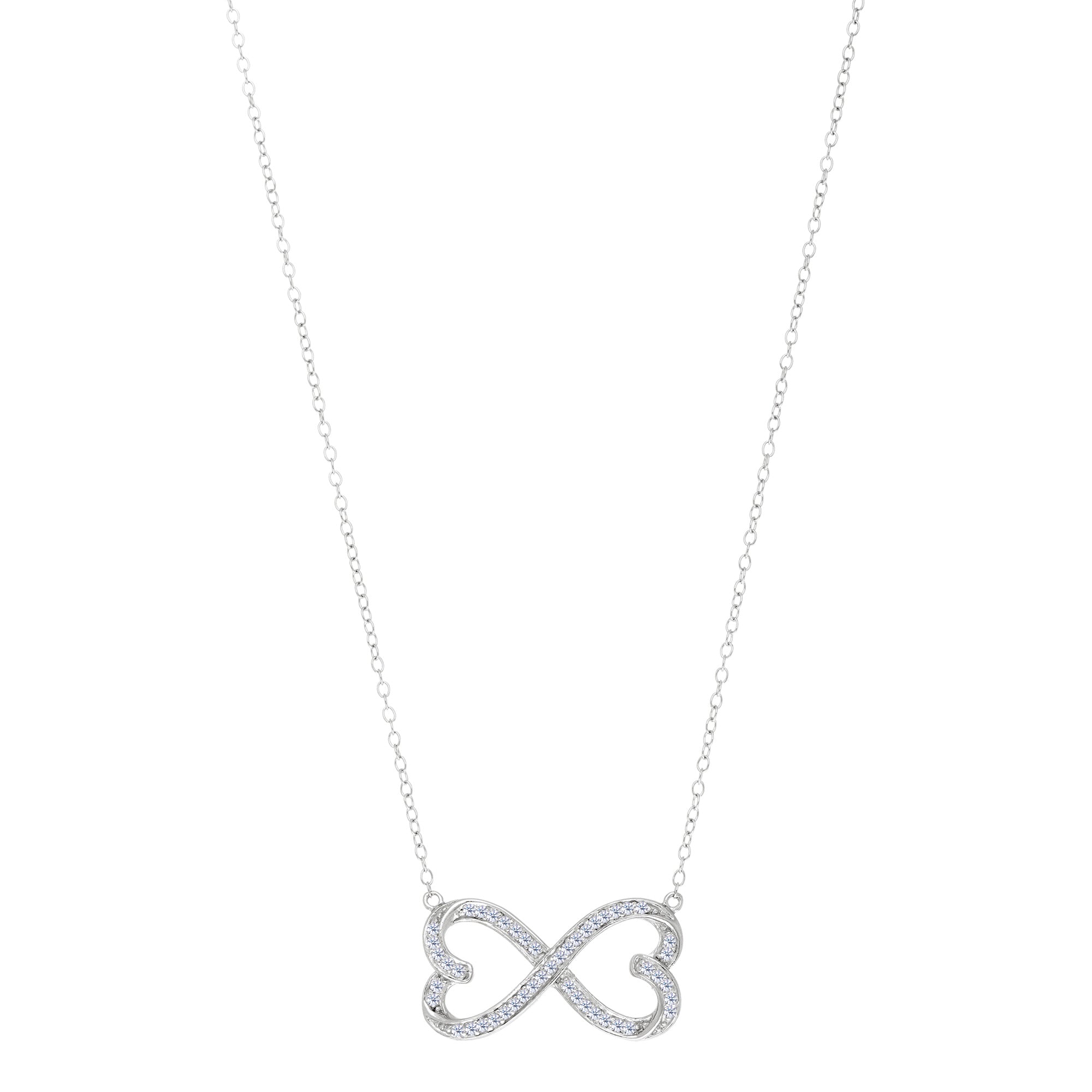 Double Heart Infinity Sign And CZ Necklace In Sterling Silver, 18" fine designer jewelry for men and women
