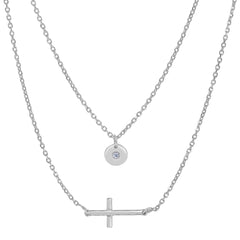 Sterling Silver Sideways Cross And CZ Charm Fashion Necklace, 18" fine designer jewelry for men and women