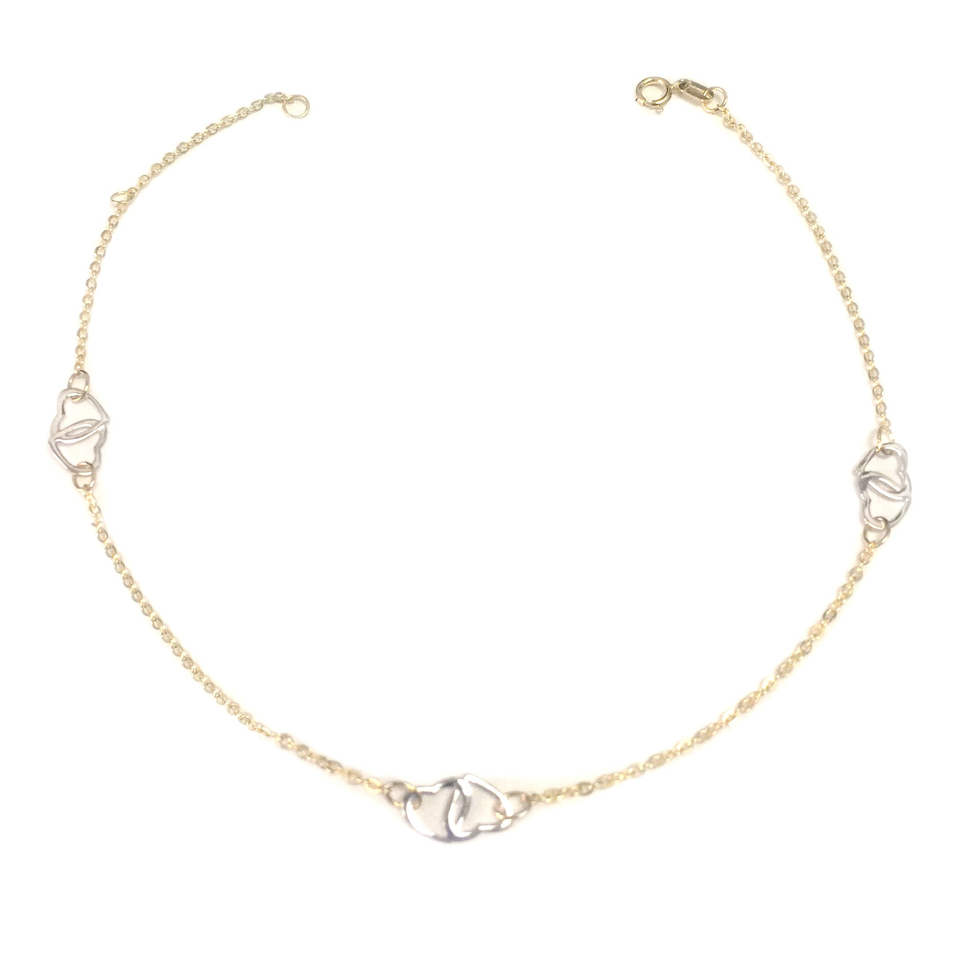 14K Yellow And White Gold Heart Charms Fancy Anklet, 10" fine designer jewelry for men and women
